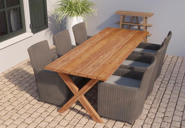 Tuintafel Rustiek teak met kruispoten L350xB100xH78cm